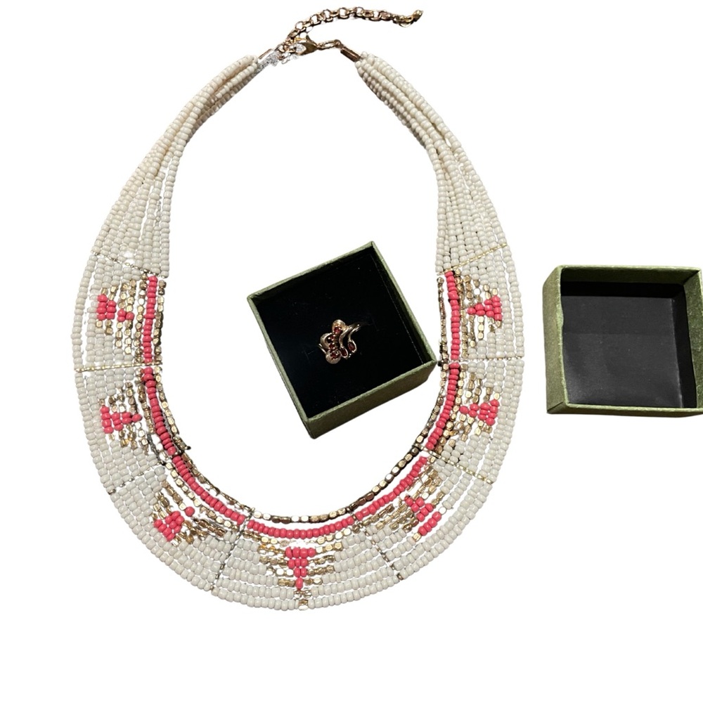 Elegant Multicolor Beaded Necklace Plus 10K Gold Size 7 Orange Garnet Ring